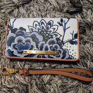 Brahmin Floral Mini Foldover Bifold Leather Wallet Wristlet EUC